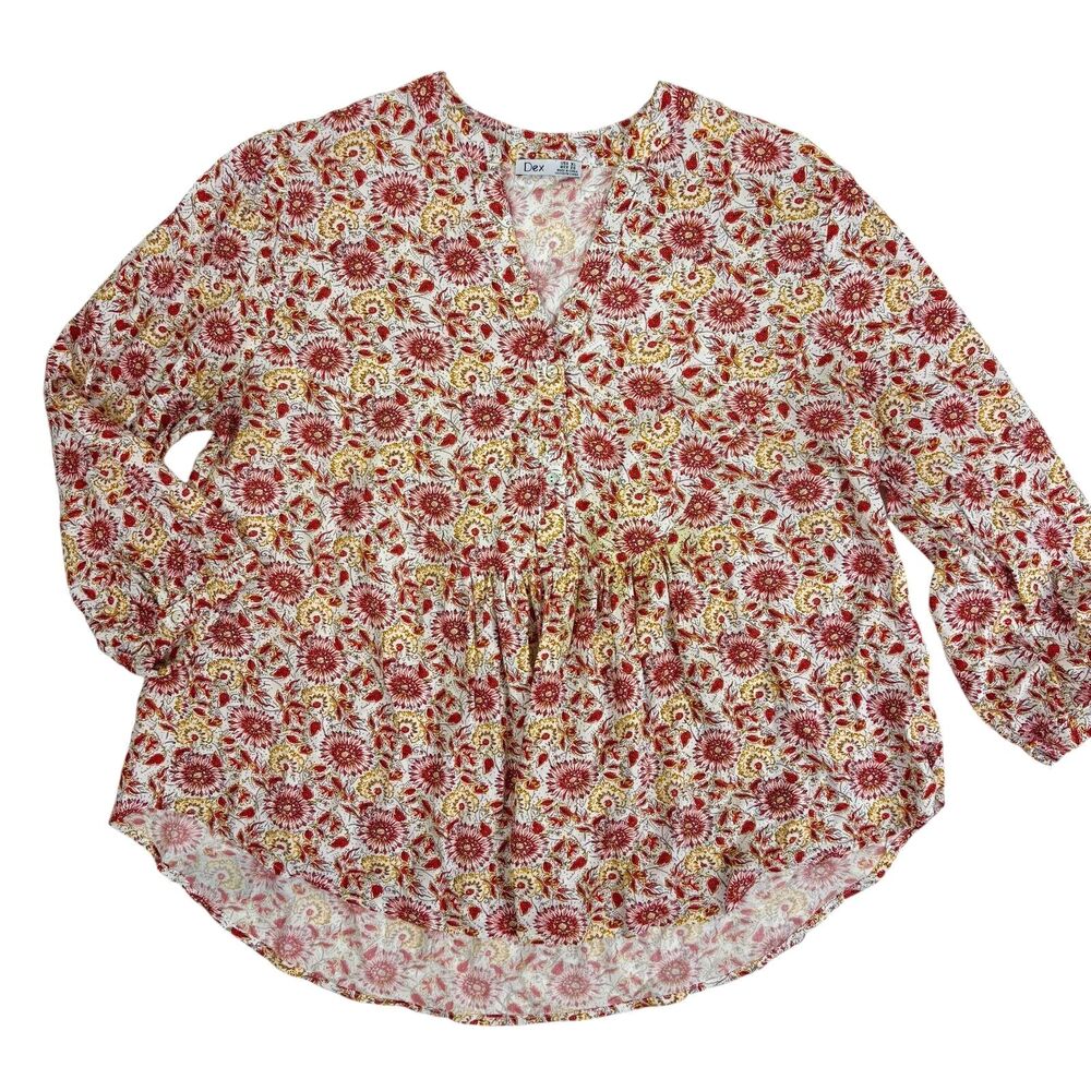 Dex Orange Floral Button LS Top Cheerful Spring Easter Office Flouncy Light XL